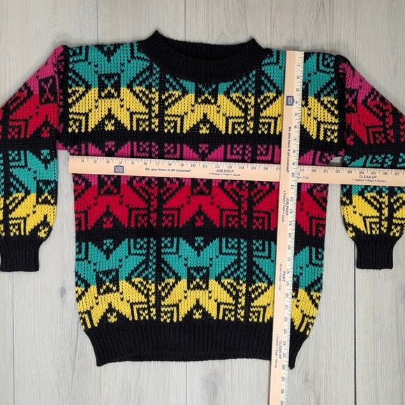 VTG Robin Ross sz Medium bright yellow pink teal geometric pattern sweater - Picture 4 of 5